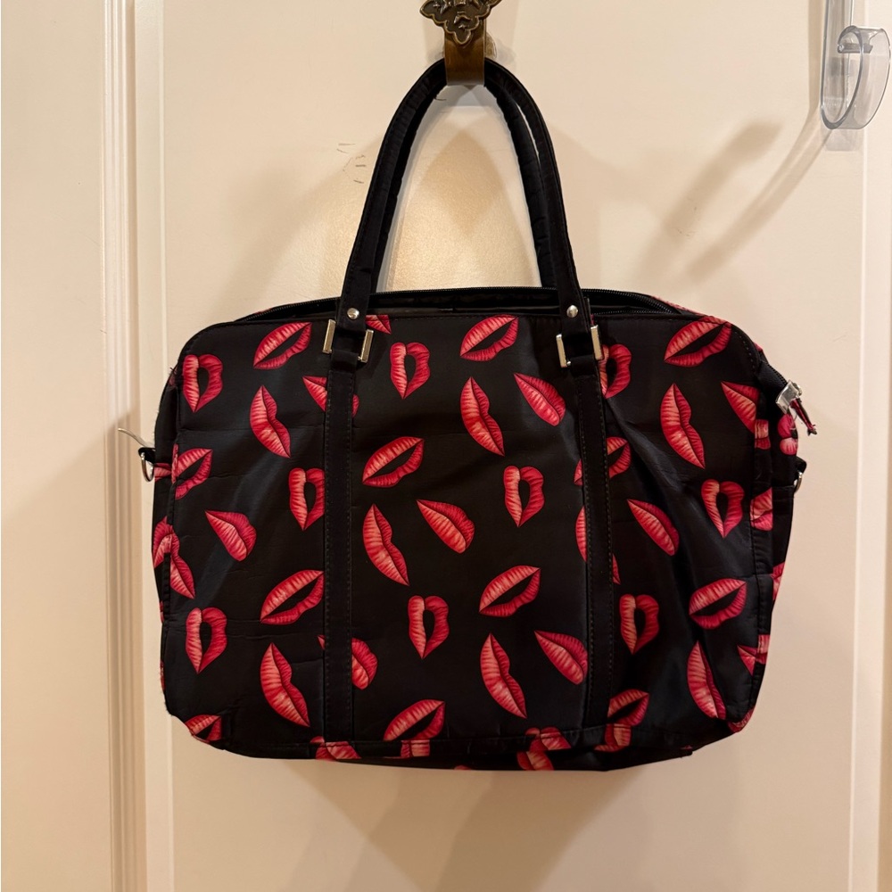 Elegant Black Tote with Red Lips Design